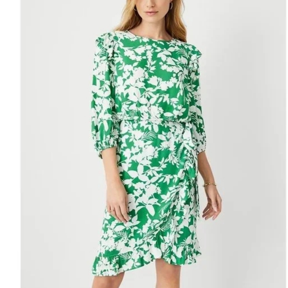 Ann Taylor Floral Side Tie Ruffle Trim Knee Length Dress Green White 6
